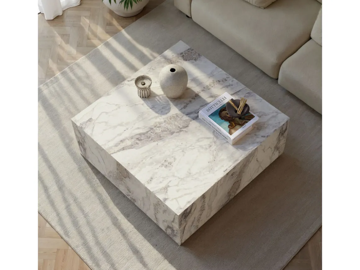 Table basse en bois "Prizma" - 90 x 90 x 35 cm - Marbre Freesia