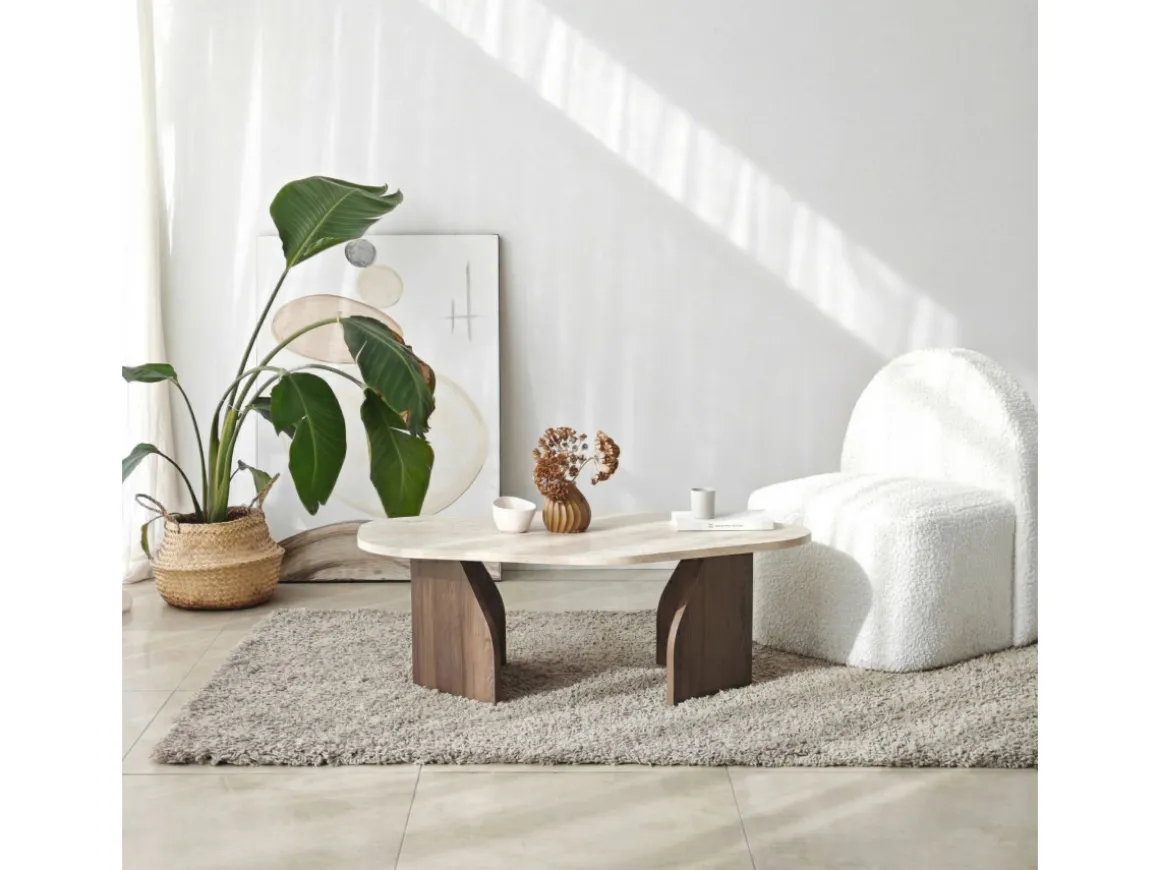 Table basse en bois "Rock" - 100 x 60 x 35 cm - Travertin