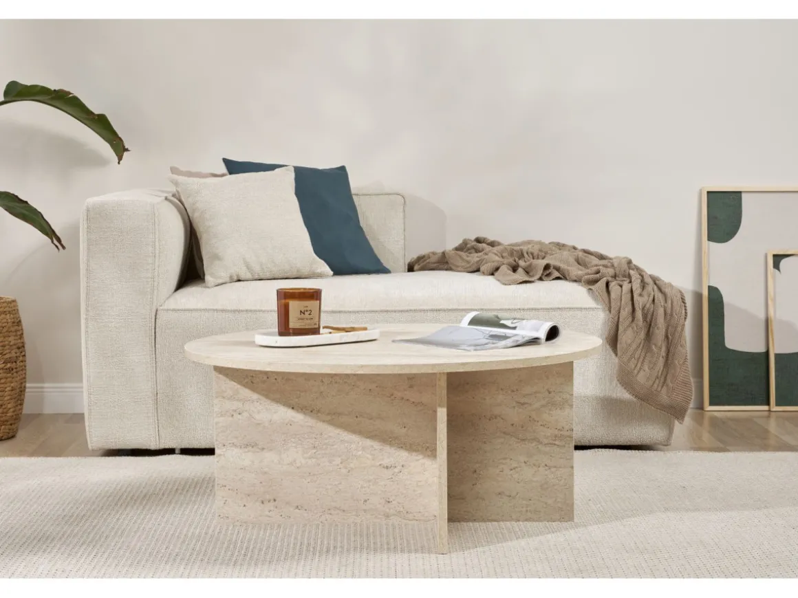 Table basse en bois "Soleil" - 90 x 90 x 40 cm - Travertin