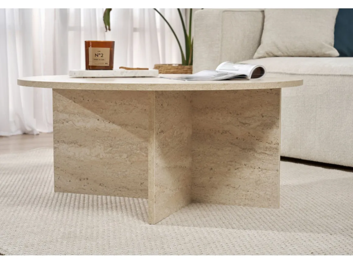 Table basse en bois "Soleil" - 90 x 90 x 40 cm - Travertin