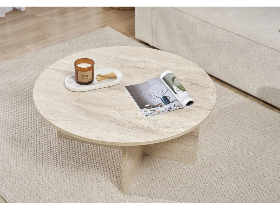 Table basse en bois "Soleil" - 90 x 90 x 40 cm - Travertin