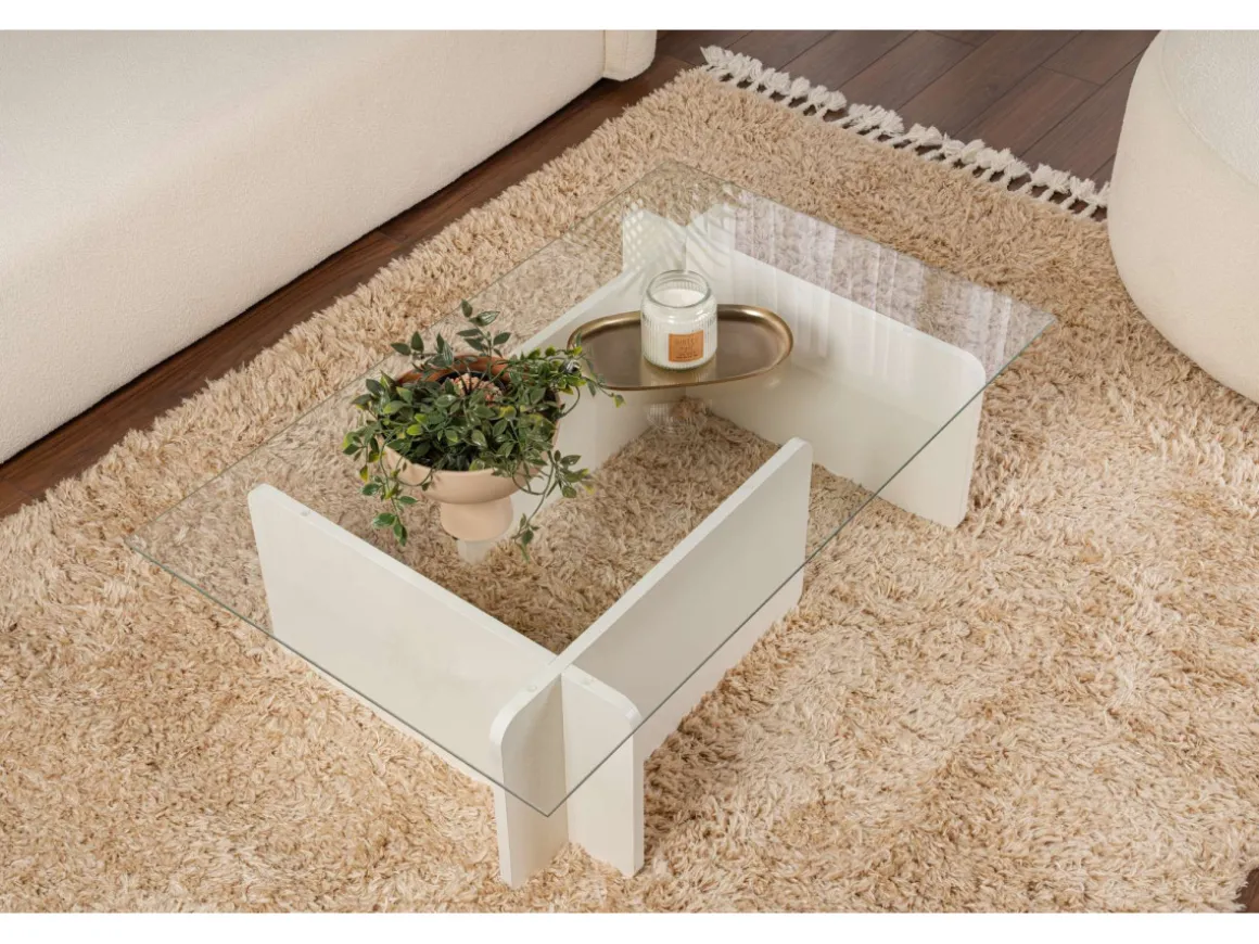 Table basse en verre "Flavio" 105 x 65 x 30 cm - Bois blanc