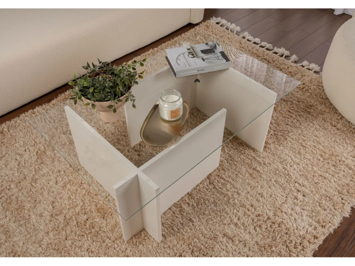 Table basse en verre "Vetrino" 105 x 65 x 40 cm - Bois blanc