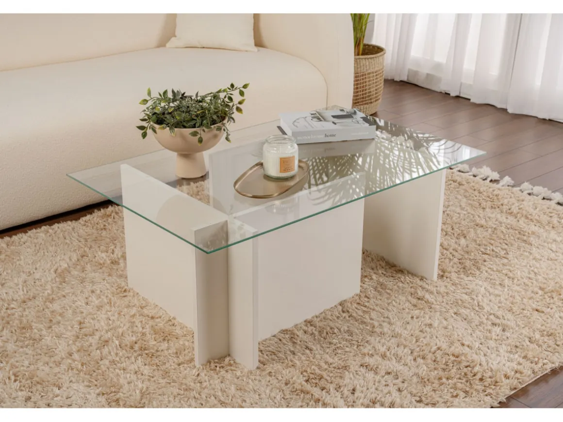 Table basse en verre "Vetrino" 105 x 65 x 40 cm - Bois blanc