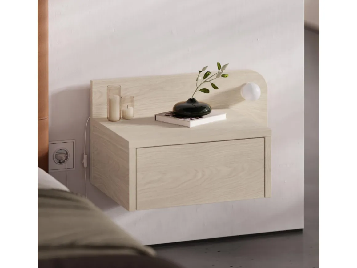 Table de chevet avec ampoule en bois "Dotta" - 52 x 30 x 28 cm - Beige