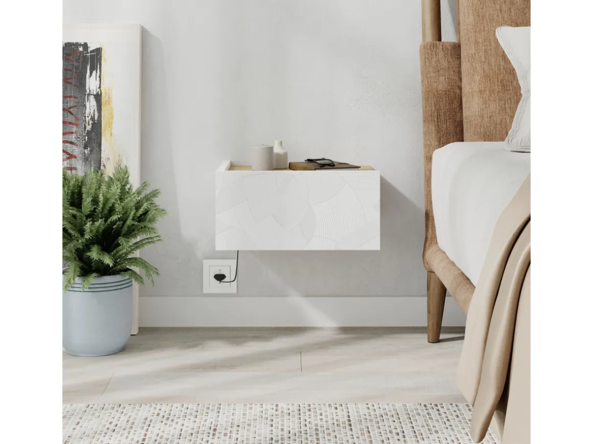 Table de chevet avec éclairage LED en bois "Onda" - 38 x 31 x 18 cm - Blanc