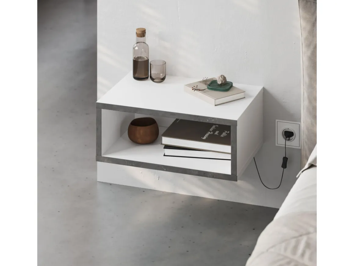 Table de chevet avec éclairage LED en bois "Brik" - 45 x 30 x 18 cm - Blanc