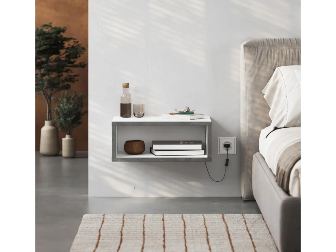 Table de chevet avec éclairage LED en bois "Brik" - 45 x 30 x 18 cm - Blanc
