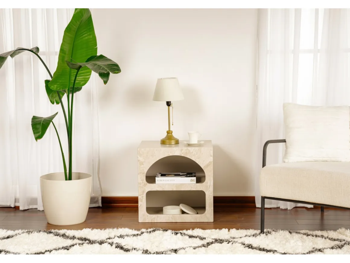 Table de chevet en bois "Lorin" 50 x 40 x 50 cm - marbre travertin