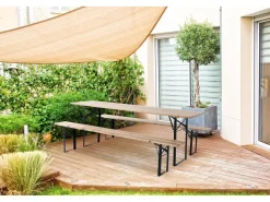 Table de jardin brasserie pliante avec 2 bancs " Lisbonne " - 218 x 59,5 x 75 cm -  Marron