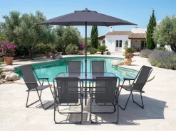 Table et chaises de jardin avec parasol en métal "Convivia" - 6 places - Gris anthracite