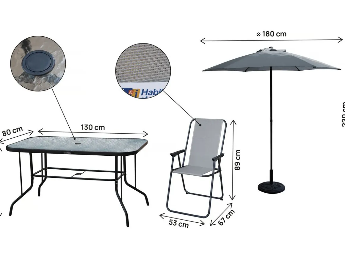 Table et chaises de jardin avec parasol en métal "Convivia" - 6 places - Gris clair