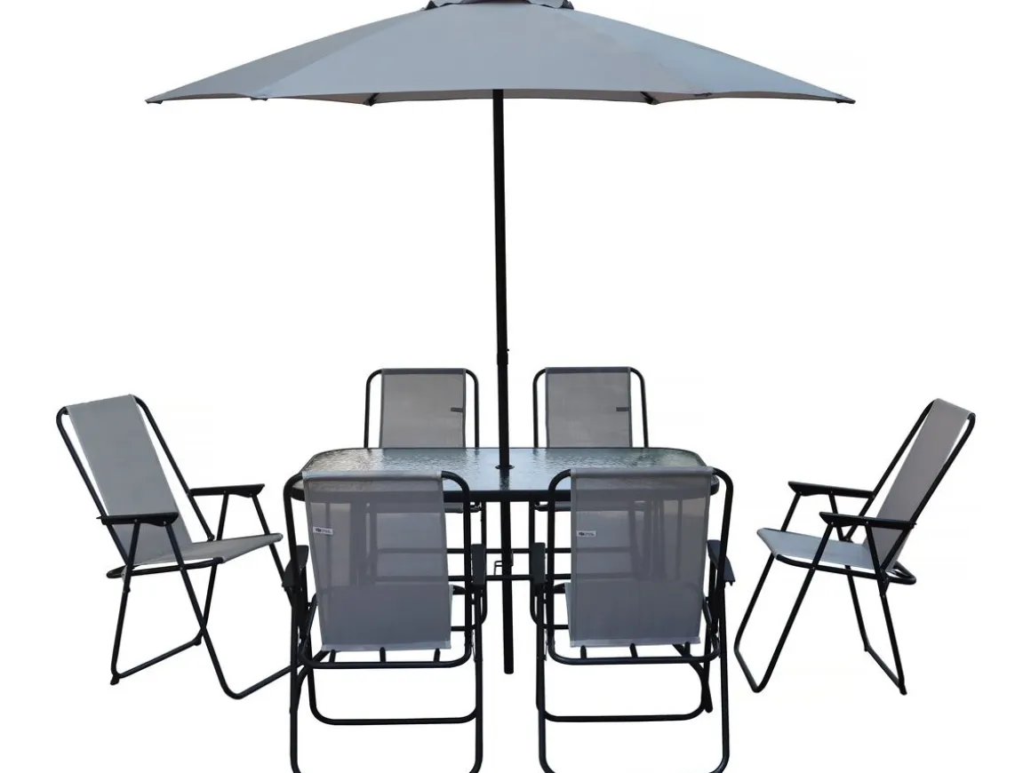 Table et chaises de jardin avec parasol en métal "Convivia" - 6 places - Gris clair