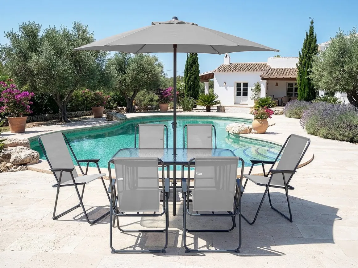 Table et chaises de jardin avec parasol en métal "Convivia" - 6 places - Gris clair