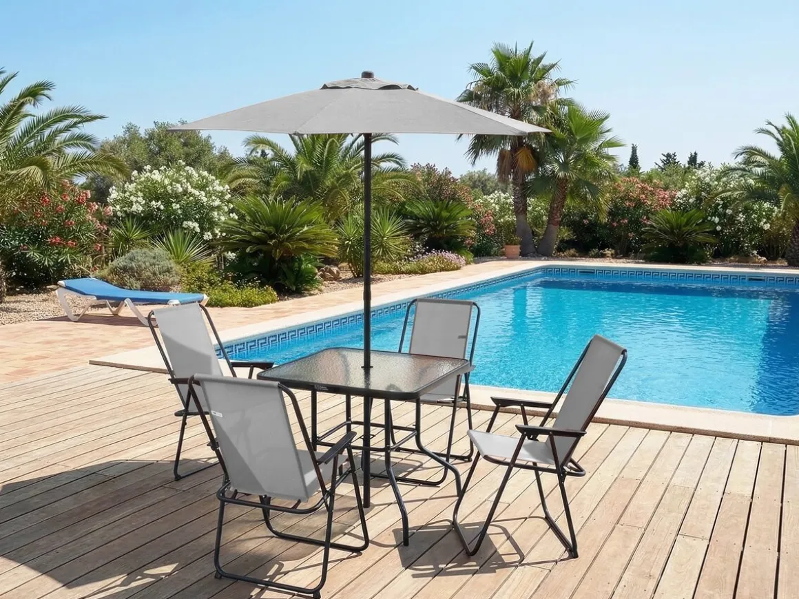 Table et chaises de jardin avec parasol en métal "Convivia" - 4 places - Gris clair