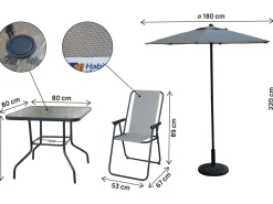 Table et chaises de jardin avec parasol en métal