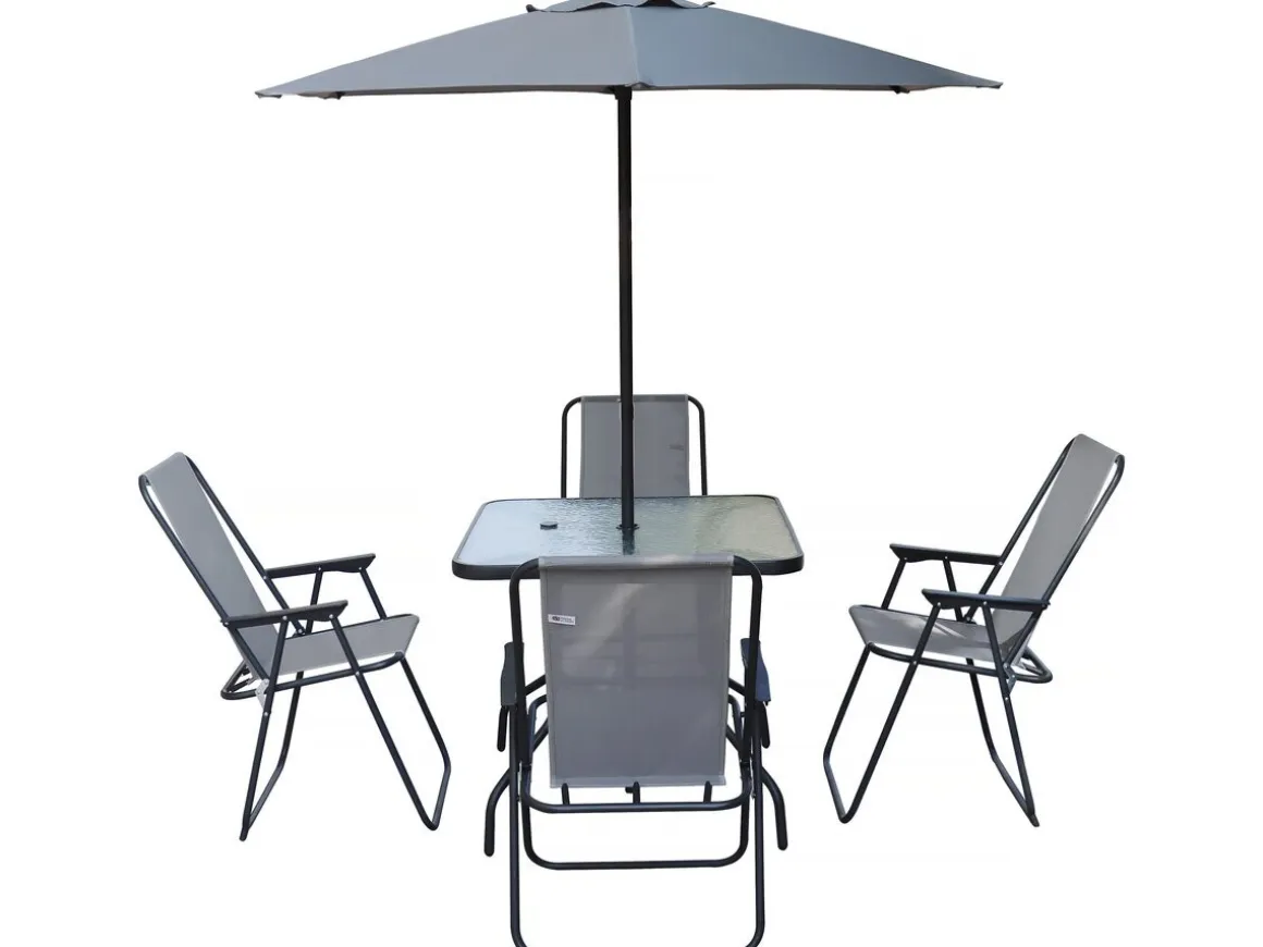 Table et chaises de jardin avec parasol en métal "Convivia" - 4 places - Gris clair