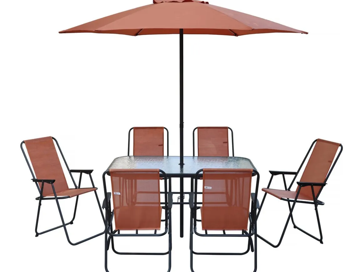 Table et chaises de jardin avec parasol en métal "Convivia" - 6 places - Terracotta