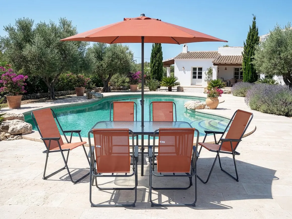 Table et chaises de jardin avec parasol en métal "Convivia" - 6 places - Terracotta