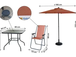 Table et chaises de jardin avec parasol en métal "Convivia" - 4 places - Terracotta