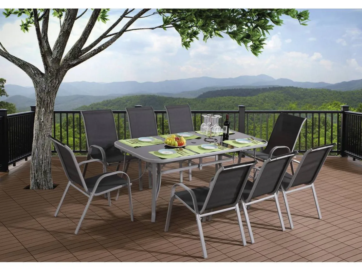 Table et chaises de jardin en textilène "Cordoba XL 180" - Phoenix - 8 places - Gris foncé