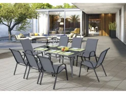 Table et chaises de jardin en textilène "Cordoba XL 180" - 8 places - Gris