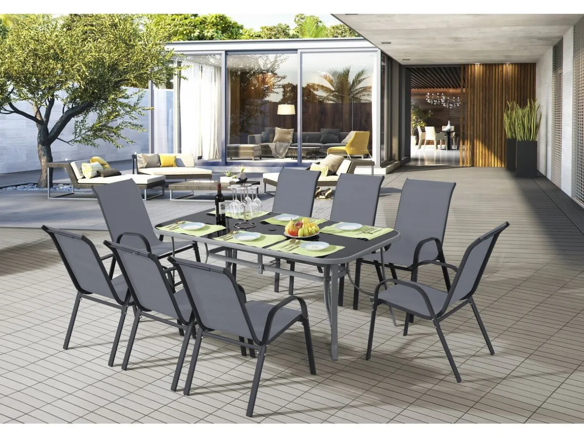 Table et chaises de jardin en textilène "Cordoba XL 180" - 8 places - Gris