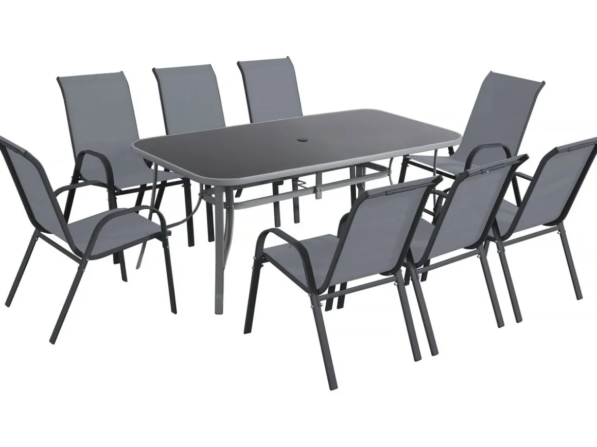 Table et chaises de jardin en textilène "Cordoba XL 180" - 8 places - Gris