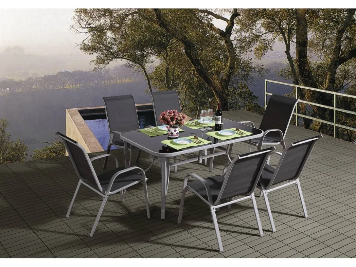 Table et chaises de jardin en textilène "Cordoba" - Phoenix - 6 places - Gris foncé