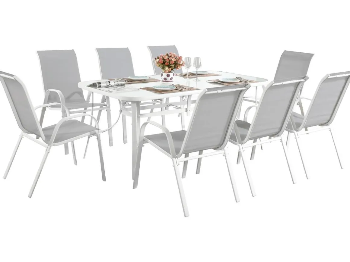 Table et chaises de jardin en textilène "Cordoba XL 180" - Phoenix - 8 places - Gris