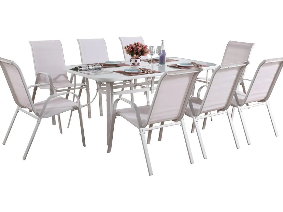 Table et chaises de jardin en textilène "Cordoba XL 180"- Phoenix - 8 places - Ecru
