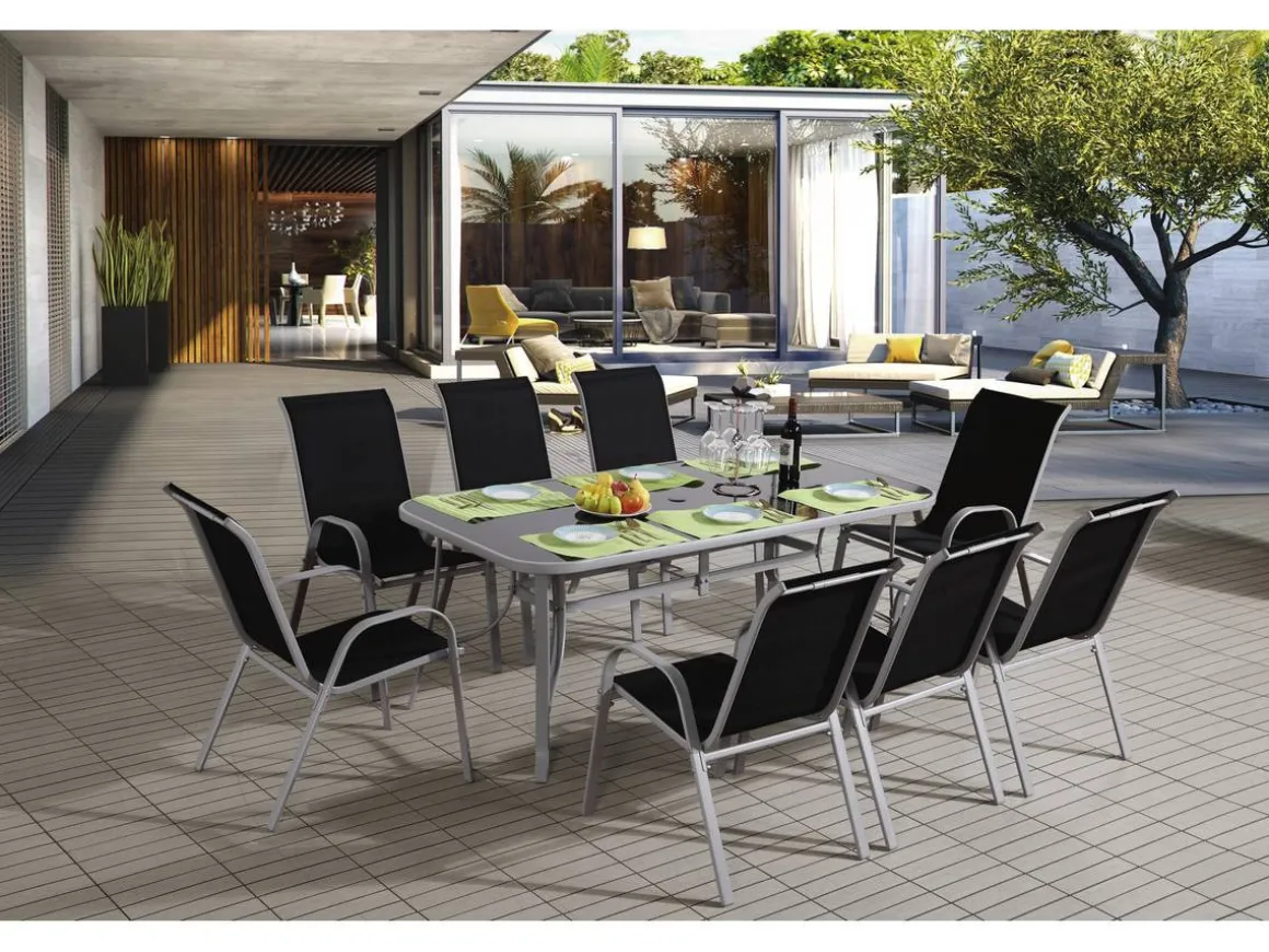 Table et chaises de jardin en textilène "Cordoba XL 180" - Phoenix - 8 places - Noir
