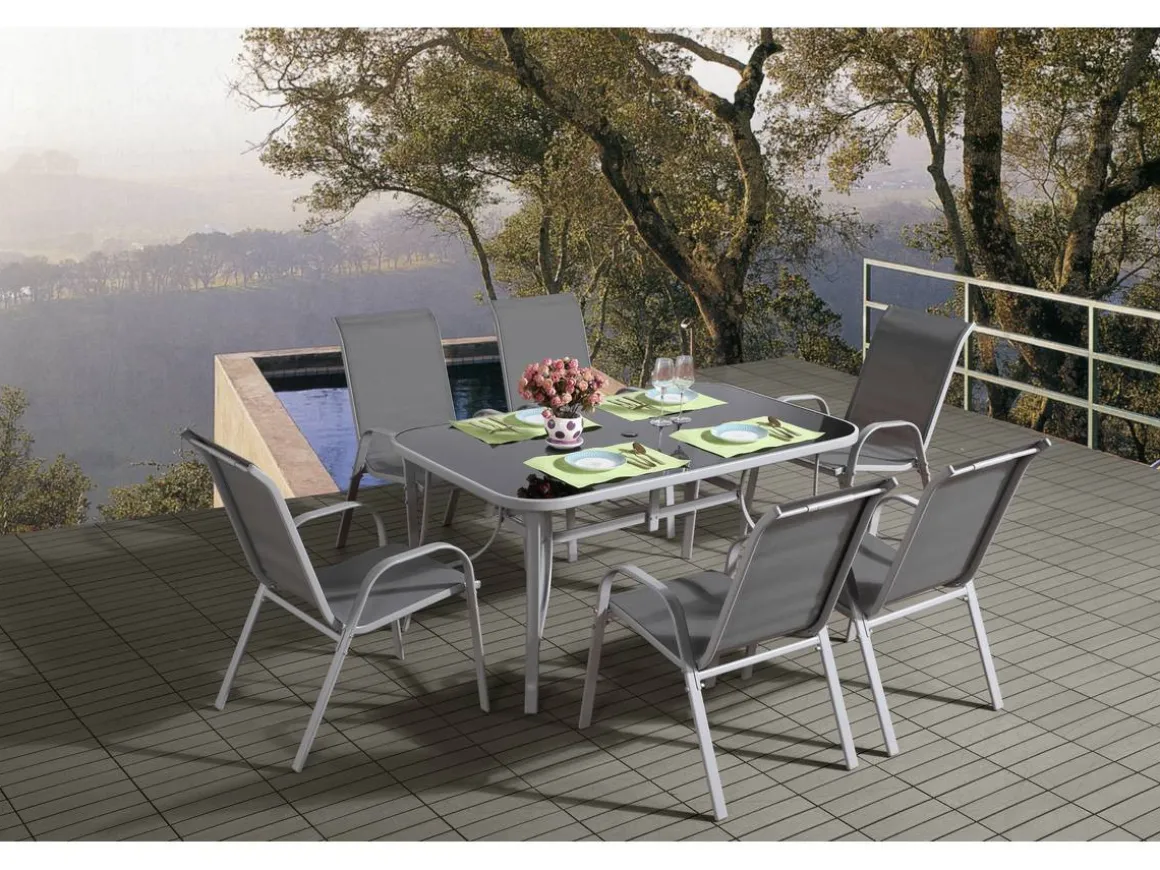 Table et chaises de jardin en textilène "cordoba + Porto" 6 personnes gris clair