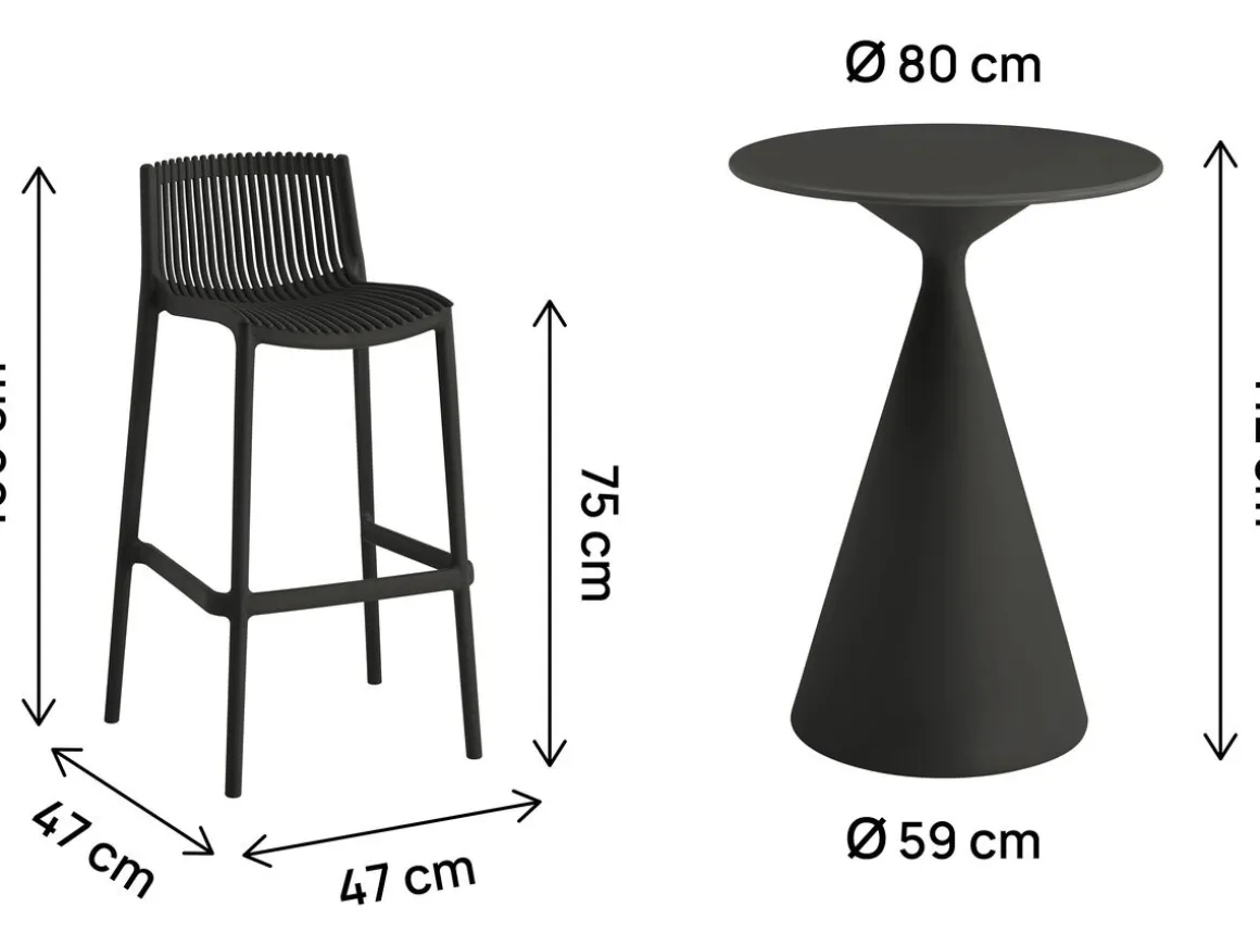 Table et chaises hautes de bistrot empilables "Néora" - 2 places - Noir