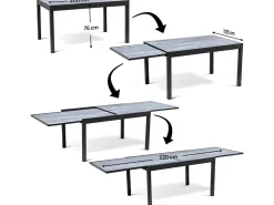 Table extensible et chaises de jardin en aluminium "Lagos" - 200/320 x 105 x 76 cm - 12 chaises - Noir