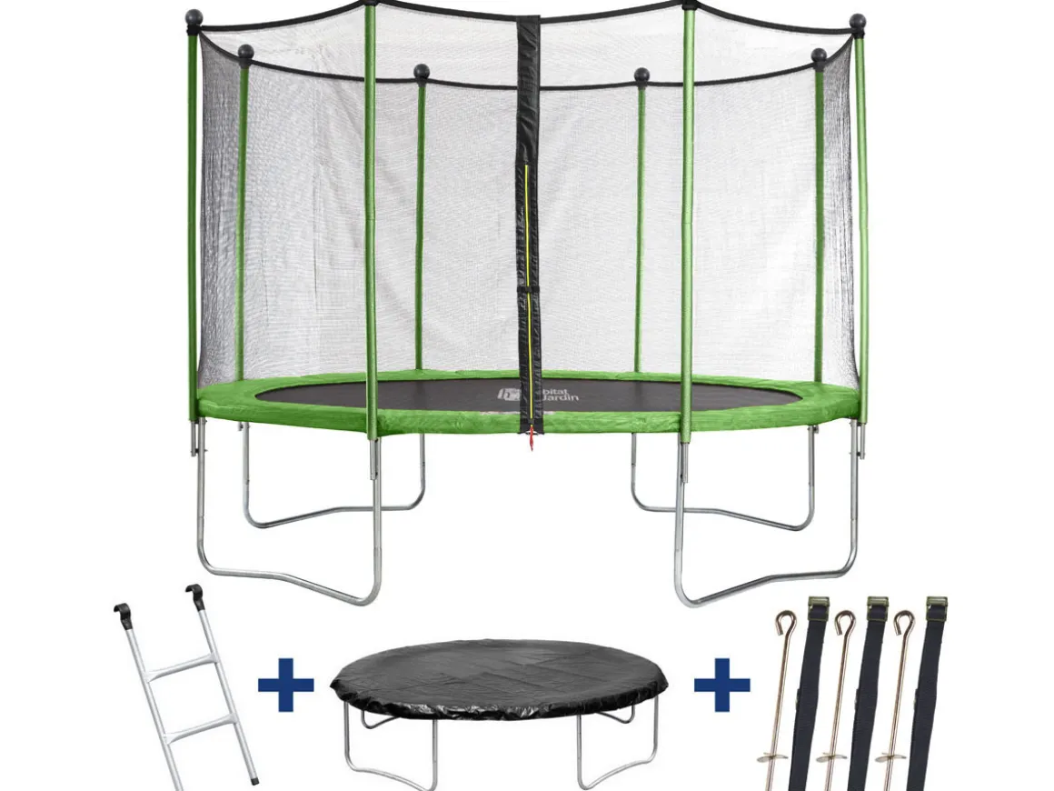 Trampoline "Yoopi 2" - Ø 4.25 m - Avec filet + échelle + couverture + kit d'ancrage
