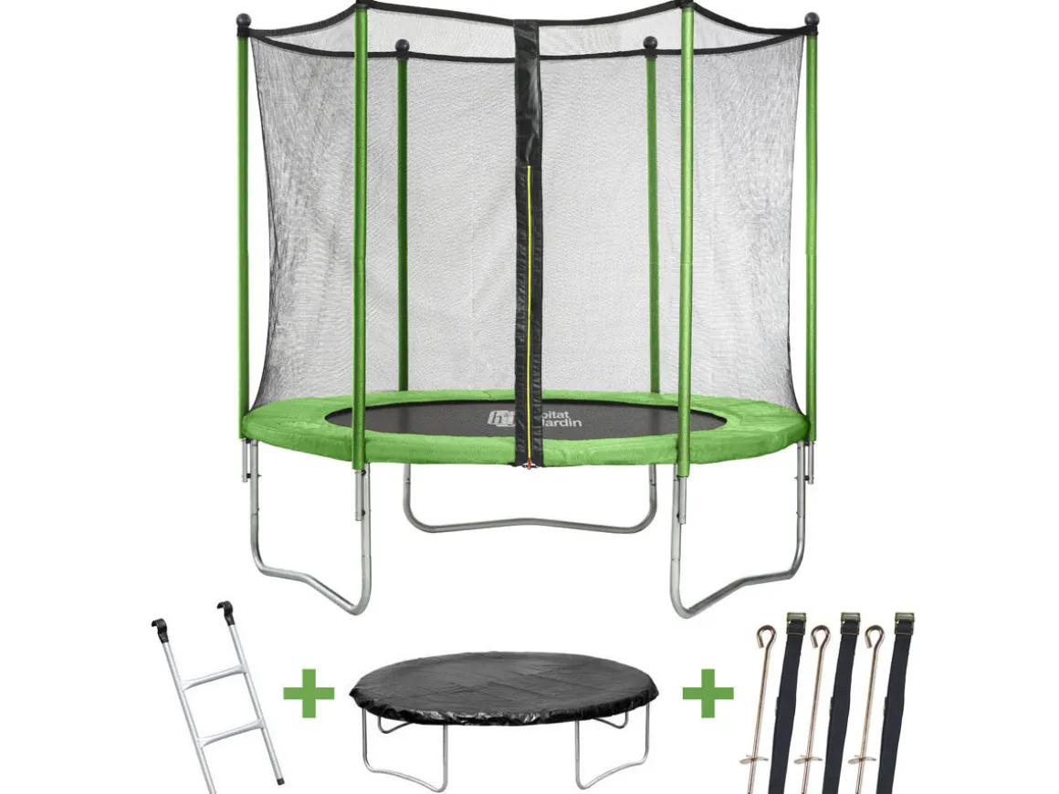 Trampoline " Yoopi " - Ø 2.44 m - Vert - avec filet + échelle + couverture + kit d'ancrage